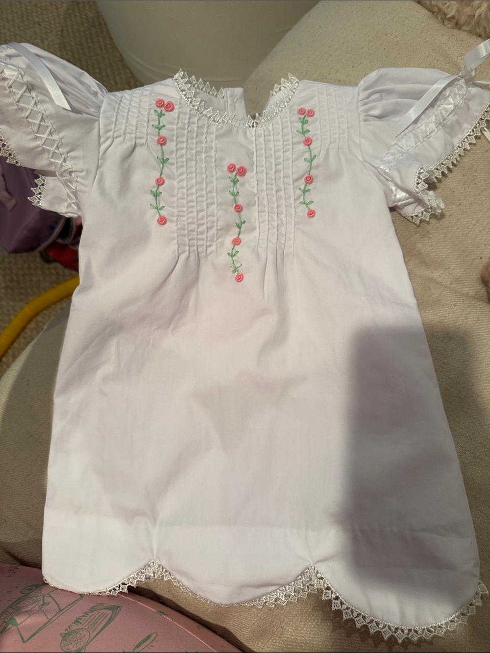Classic White Embroidered Pink Rose dress